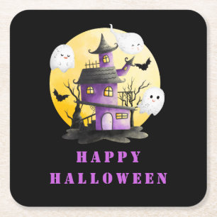 Halloweenfeest met spookhuis en spoken kartonnen onderzetters