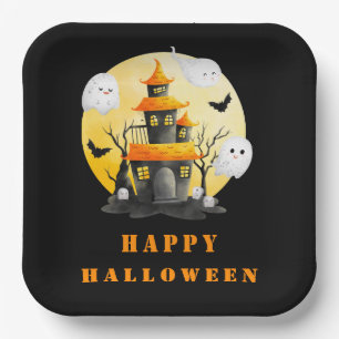Halloweenfeest met spookhuis en spoken papieren bordje