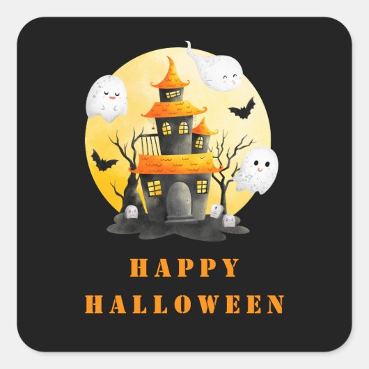 Halloweenfeest met spookhuis en spoken vierkante sticker (Voorkant)