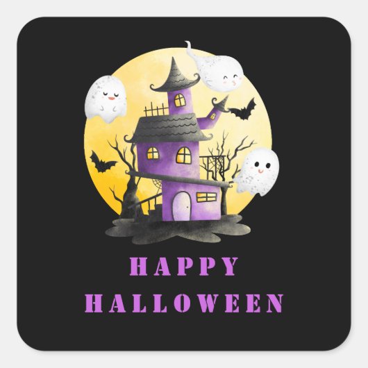 Halloweenfeest met spookhuis en spoken vierkante sticker (Voorkant)
