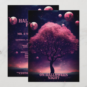 Halloweenfeest Roze Boom Rode Maan Donkere Nacht Kaart