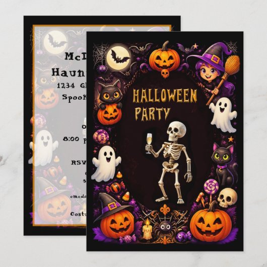 Halloweenfeest Skelet met champagneglas Kaart (Voorkant / Achterkant)