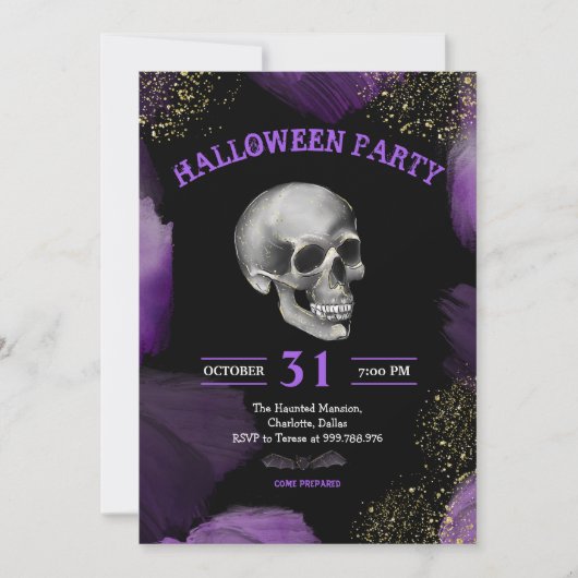 Halloweenfeest | Skull Paarse Gold Glitter Spooky Kaart (Voorkant)