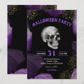 Halloweenfeest | Skull Paarse Gold Glitter Spooky Kaart (Voorkant / Achterkant)