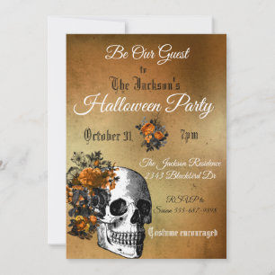 Halloweenfeest Vintage Bloem Schedel Oranje Zwart Kaart