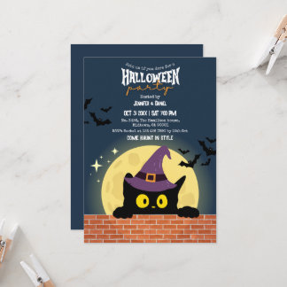 Halloweenfeest Zwarte Kat Maan Vleermuis Heksenhoe Kaart