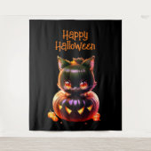 Halloweenfeest Zwarte Kat Pompoen Horror Griezelen Wandkleed (Voorkant)