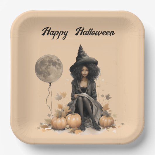 Halloweenheks en Volle-maanballon Papieren Bordje (Voorkant)