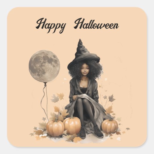  Halloweenheks en Volle-maanballon Vierkante Sticker (Voorkant)