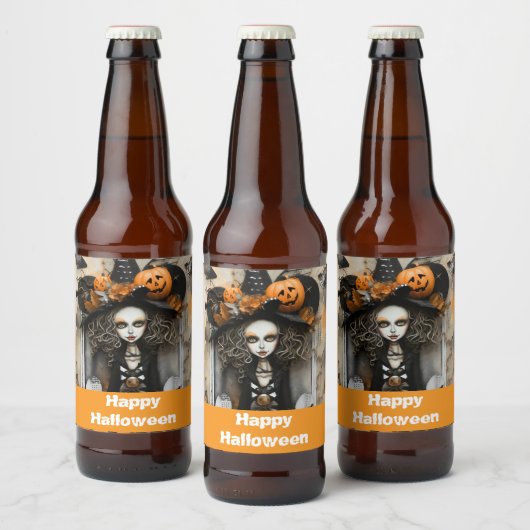 Halloweenheks met pompoenen bier etiket (Flessen)