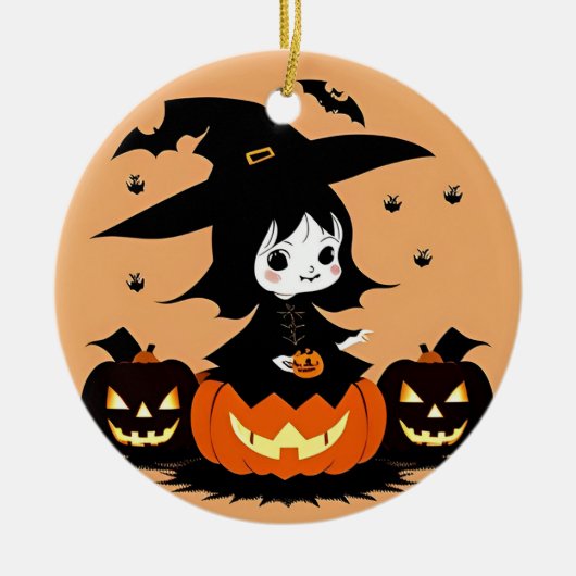 Halloweenheks met pompoenen keramisch ornament (Voorkant)