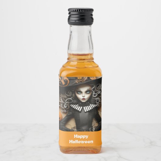 Halloweenheks met pompoenen likeurfles etiket (Voorkant)