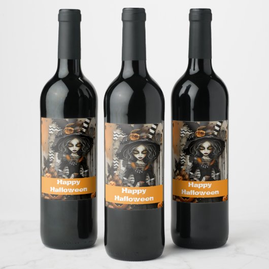 Halloweenheks met pompoenen wijn etiket (Flessen)