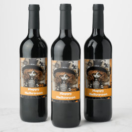 Halloweenheks met pompoenen wijn etiket