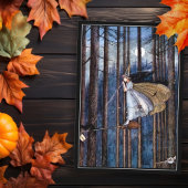 Halloweenheks met zwarte kat op bezems kaart