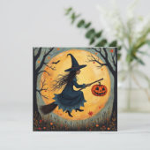 Halloweenheks op de bezem en volle maan feestdagenkaart (Staand voorkant)