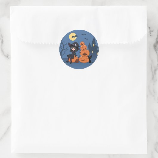 Halloweenheks, zwarte kat en pompoenen op blauw ronde sticker (Tas)