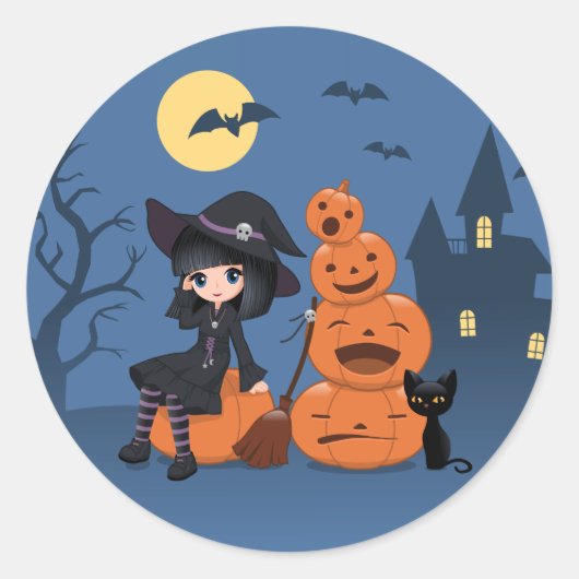 Halloweenheks, zwarte kat en pompoenen op blauw ronde sticker (Voorkant)
