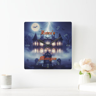 Halloweenhuis met Frankie, donkerblauw Vierkante Klok