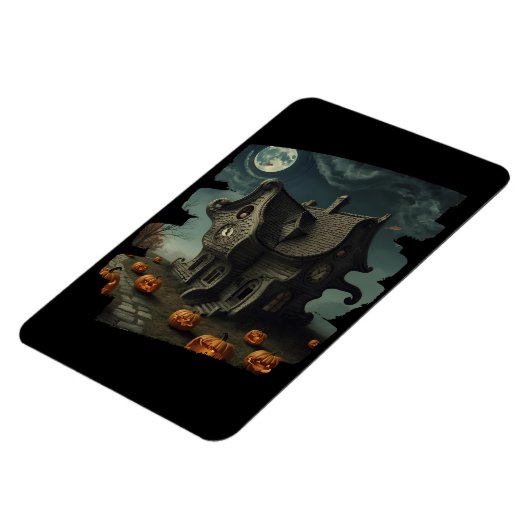 Halloweenhuis met pompoenen en volle maan magneet (Linkerzijde)