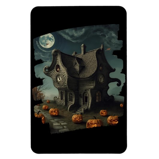 Halloweenhuis met pompoenen en volle maan magneet (Verticaal)
