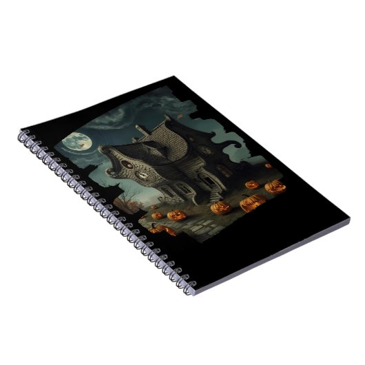 Halloweenhuis met pompoenen en volle maan notitieboek (Rechterzijde)