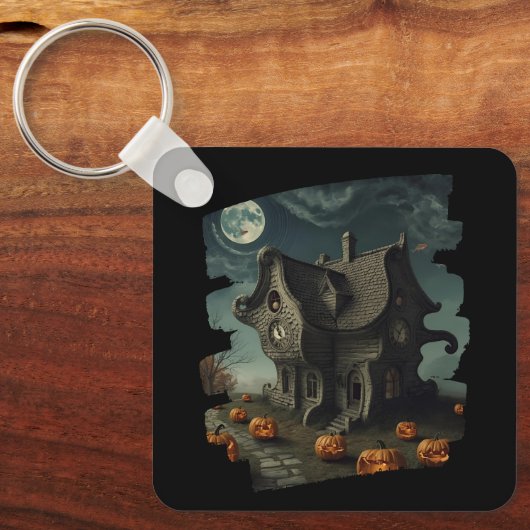 Halloweenhuis met pompoenen en volle maan sleutelhanger (Voorkant)