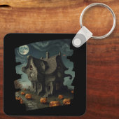 Halloweenhuis met pompoenen en volle maan sleutelhanger (Achterkant)