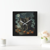 Halloweenhuis met pompoenen en volle maan vierkante klok (Huis)