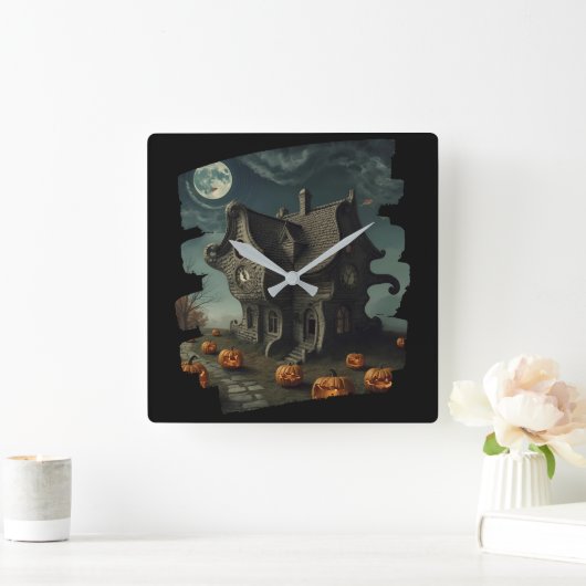 Halloweenhuis met pompoenen en volle maan vierkante klok (Huis)