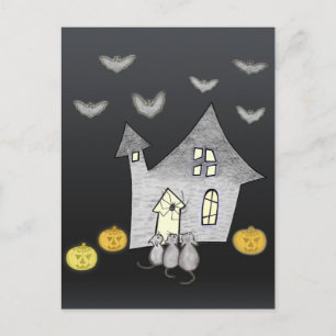 Halloweenhuis, Zwarte Katten, Vleermuizen, Pompoen Briefkaart