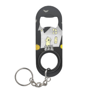 Halloweenhuis, Zwarte Katten, Vleermuizen, Pompoen Mini Flessenopener