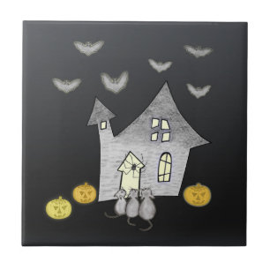 Halloweenhuis, Zwarte Katten, Vleermuizen, Pompoen Tegeltje