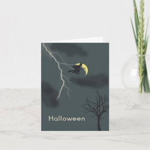 Halloweenkaart met Heks, Bliksem & Maan Kaart