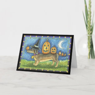 Halloweenkaart met heksen en honden pompoenen kaart