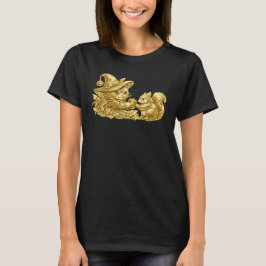 Halloweenkat geeft eikel aan eekhoorn goud folie t-shirt