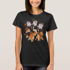 Halloweenkat kijkt achterom terwijl drie spoken we t-shirt