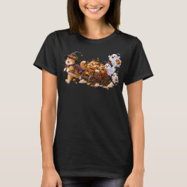 Halloweenkat trekt pompwagen terwijl hond slaapt t-shirt