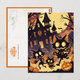 Halloweenkatten bij het spookhuis briefkaart