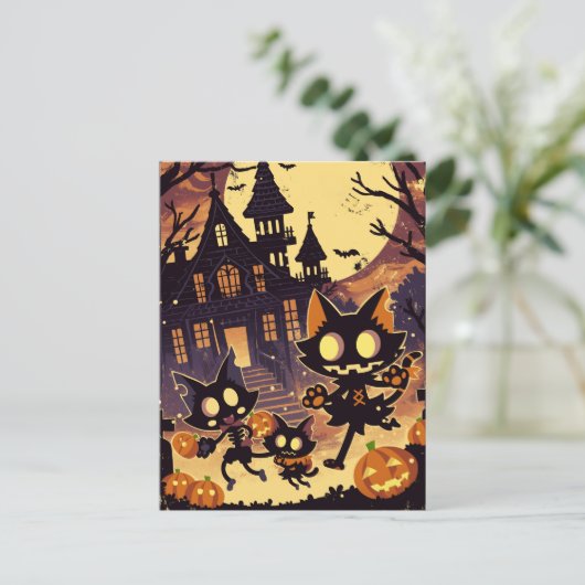 Halloweenkatten bij het spookhuis feestdagenkaart (Staand voorkant)