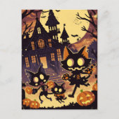 Halloweenkatten bij het spookhuis feestdagenkaart (Voorkant)