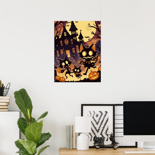 Halloweenkatten bij het spookhuis poster (Thuiskantoor)