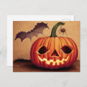 Halloweenkürbis mit Fledermaus und Spinne. Briefkaart (Voorkant / Achterkant)