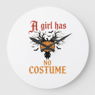 Halloweenmeisje heeft geen kostuum pompoen grote klok