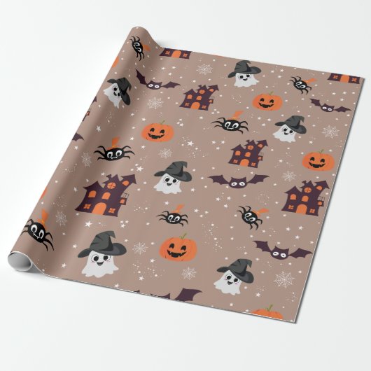 Halloweenpatroon bleke taupe cadeaupapier (Uitgerold)