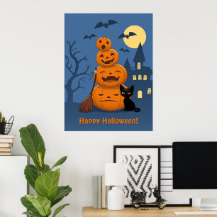 Halloweenpompoenen en Zwarte Kat Poster