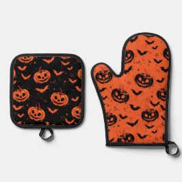 Halloweenpompoenen Ovenwant & Pannenlap Set