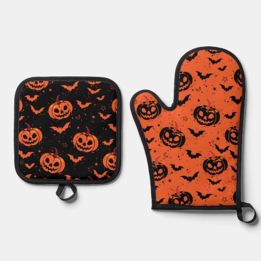 Halloweenpompoenen Ovenwant & Pannenlap Set (Voorkant)