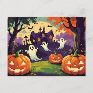 Halloweenpompoenen, spook en heksenhuis feestdagenkaart