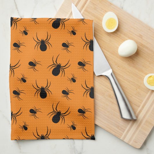 Halloweenspinnen zwart en Sinaasappel Theedoek (Quarter Fold)